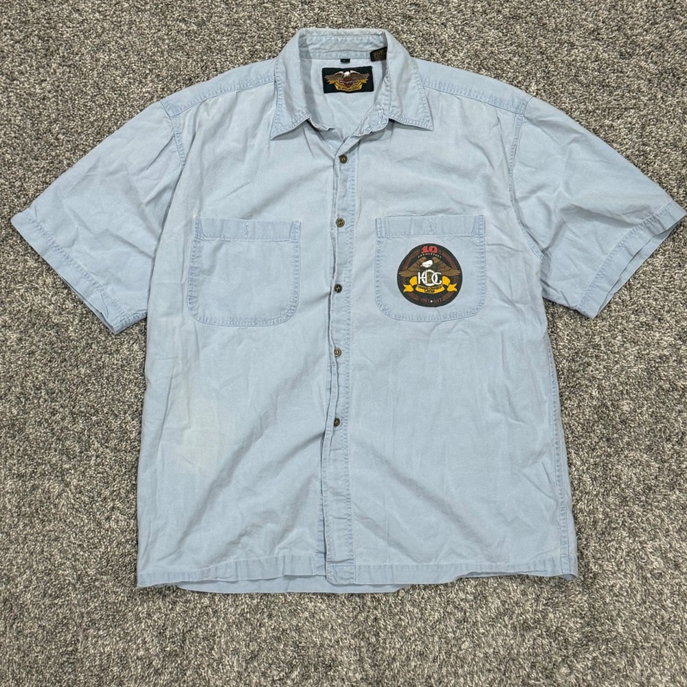Vintage 1993 Harley Davidson Anniversary HOG 10th Reunion Button Up Shirt Mens L